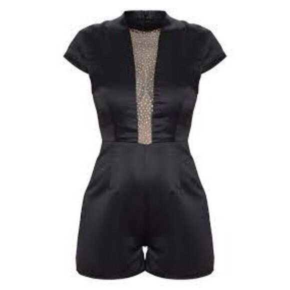 PrettyLittleThing Black Satin Romper - Picture 3 of 10